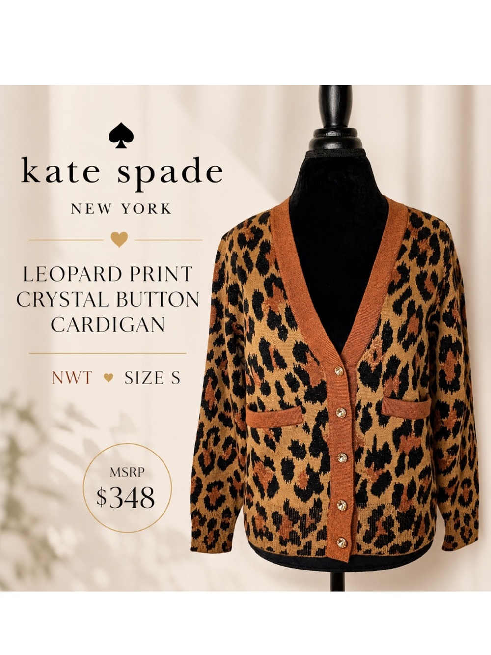 Kate Spade Leopard Print Crystal Button Cardigan Sweater NWT Wool Blend Size S